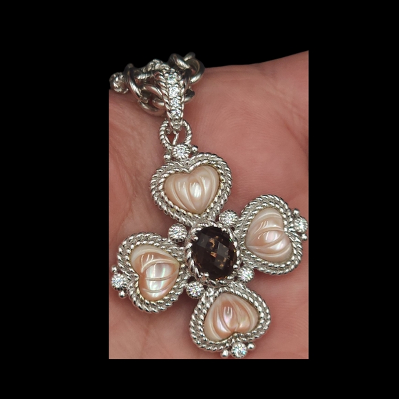 Judith Ripka 925 SS Pink Quartz Smokey Quartz CZ Maltese Cross Pendant/ Necklace - Picture 8 of 10